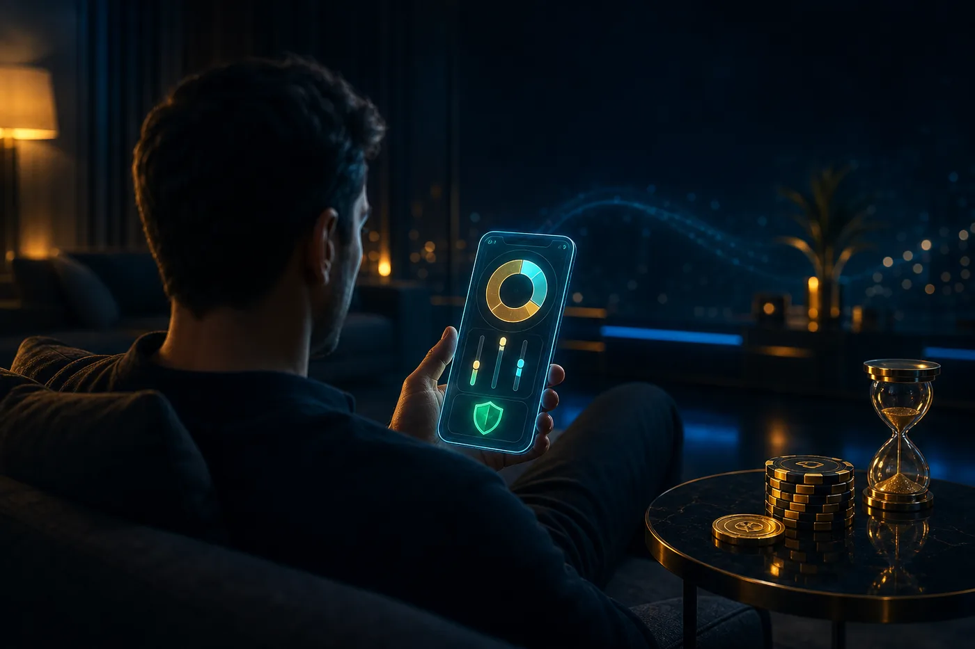 Calm player checking account limits on a phone at home